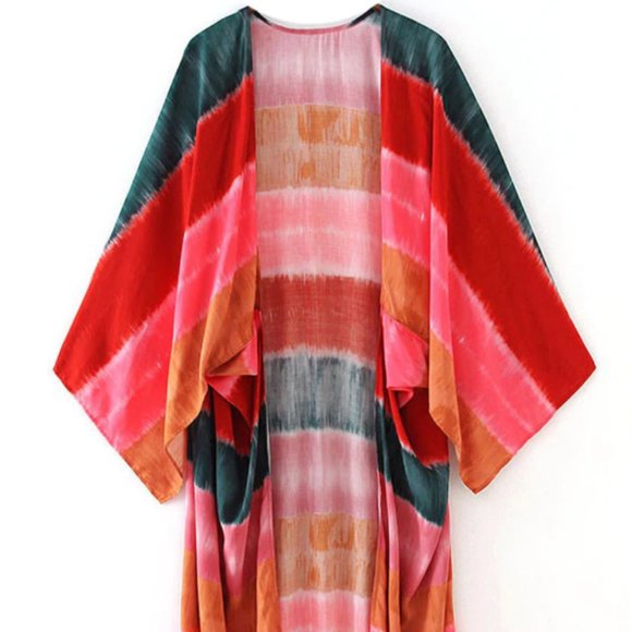 New Boho Tie Dye Beach Kimono Duster Swim Cover-Up - Picture 7 of 8